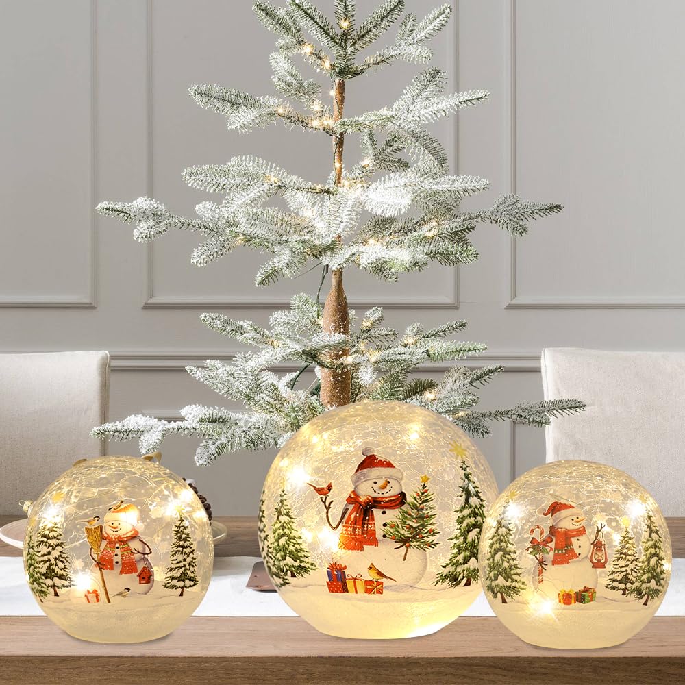 YEAHOME 3-Pack LED Crackle Glass Ball Christmas Decorations with Timer - Snowman Lighted Globes for Indoor Fireplace Mantel, Tabletop, Holiday Home Decor | Perfect for Christmas Tree, Gift Exchange & Festive Party Decor