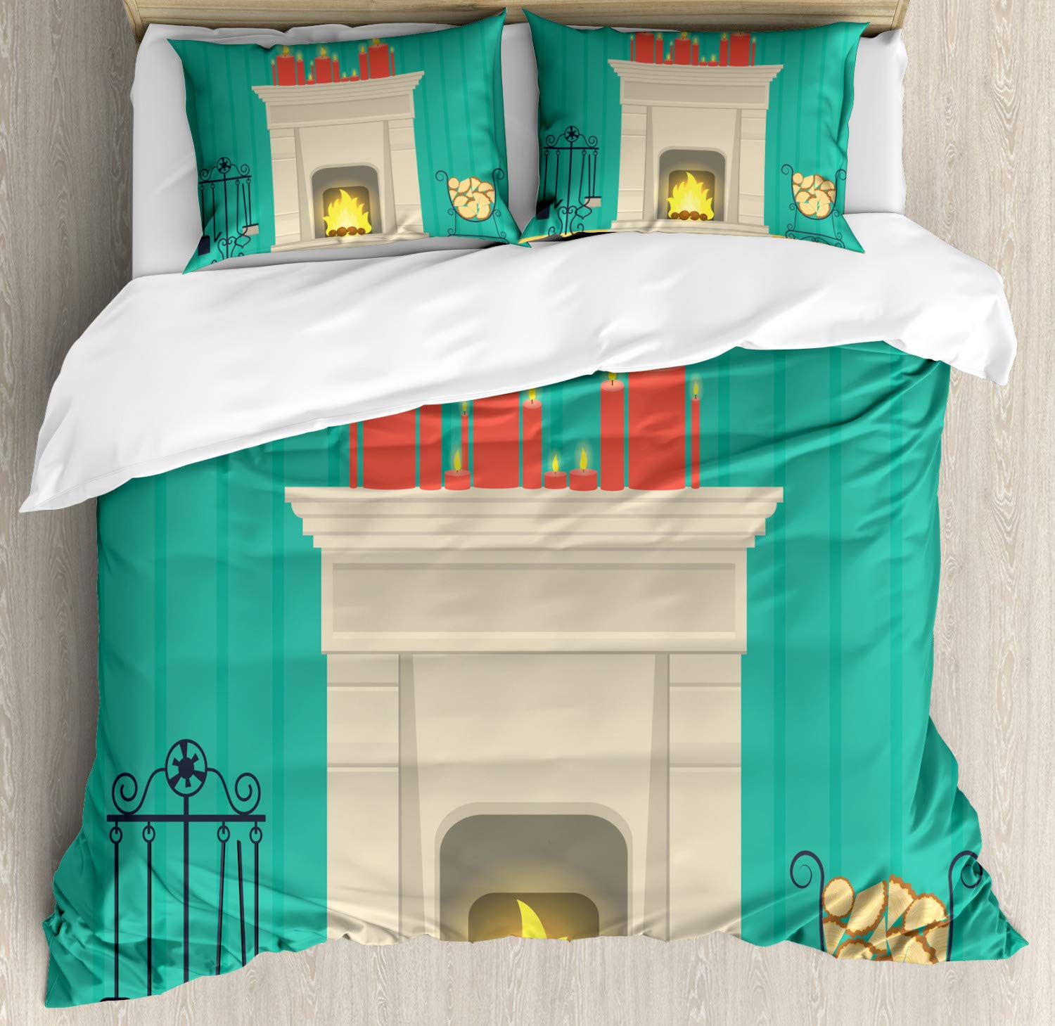 Ambesonne Cozy 3-Piece King Size Duvet Cover Set with Log & Candles Print - Simplistic Classic Look Bedding for Modern Home Decor | Perfect for Master Bedroom, Guest Room & Cozy Winter Nights