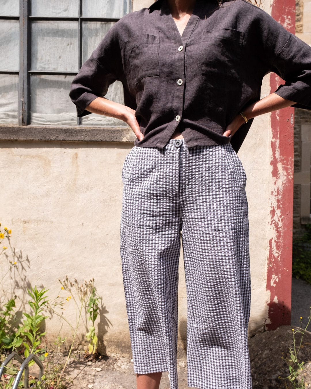 Carrie Women's Cotton Culottes - Dove Grey Gingham Check Pants | Comfortable Summer Wide Leg Trousers for Casual Wear & Office Outfits