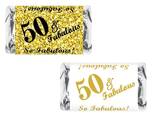 50 & Fabulous Mini Candy Bar Wrappers (Set of 60) - DIY Birthday Party Favor Labels & Decorations - Made in USA - Perfect for Baby Showers, Weddings & Classroom Treats