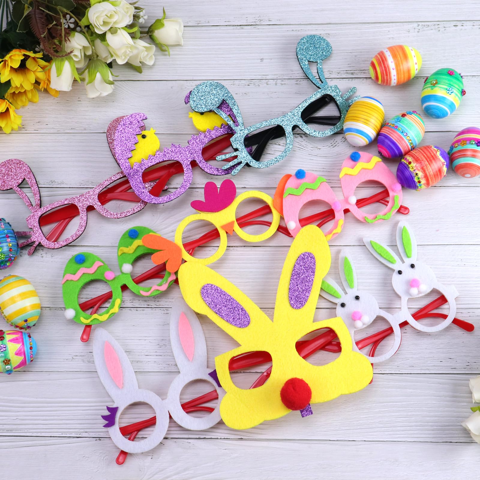 Halovin 18PCS Easter Bunny Headbands & Glasses Set - Cute Rabbit Ears & Chick Egg Hair Accessories for Kids & Adults - Perfect for Easter Party Decorations, Photo Booth Props & Spring Festival Celebrations