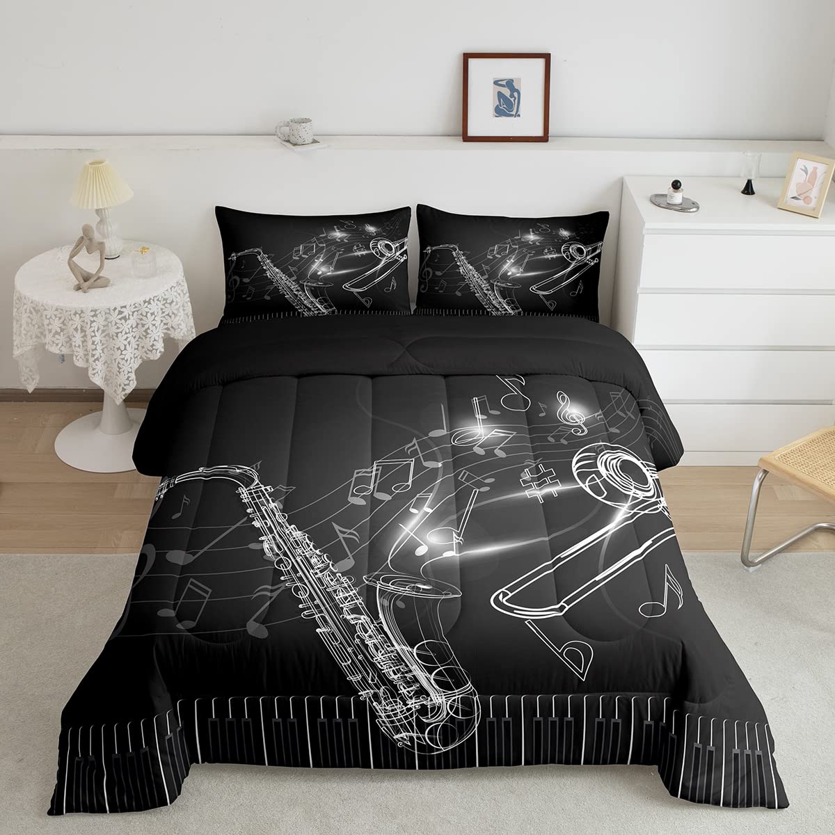 Jazz Music Instrument Comforter Set - Saxophone, Trombone & Piano Keys Design, Full Size Bedding for Kids & Teens | Boys & Girls Musical Theme Duvet Cover | Perfect for Music Lovers' Bedroom Decor & Gift