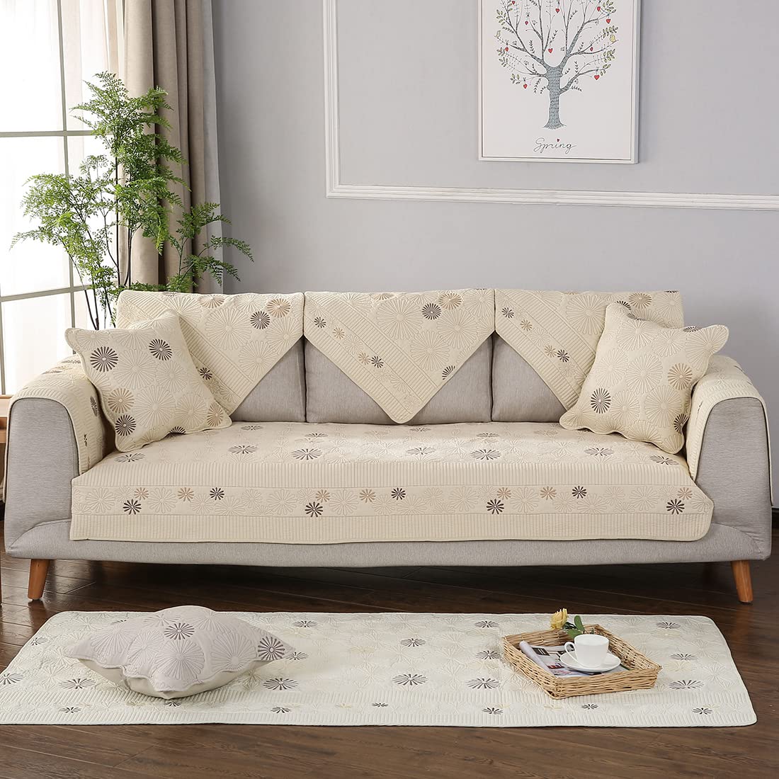 VCTOPS Reversible Embroidered Cotton Sofa Cover - Soft Quilted Washable Slipcover for Sectional Couches - 36
