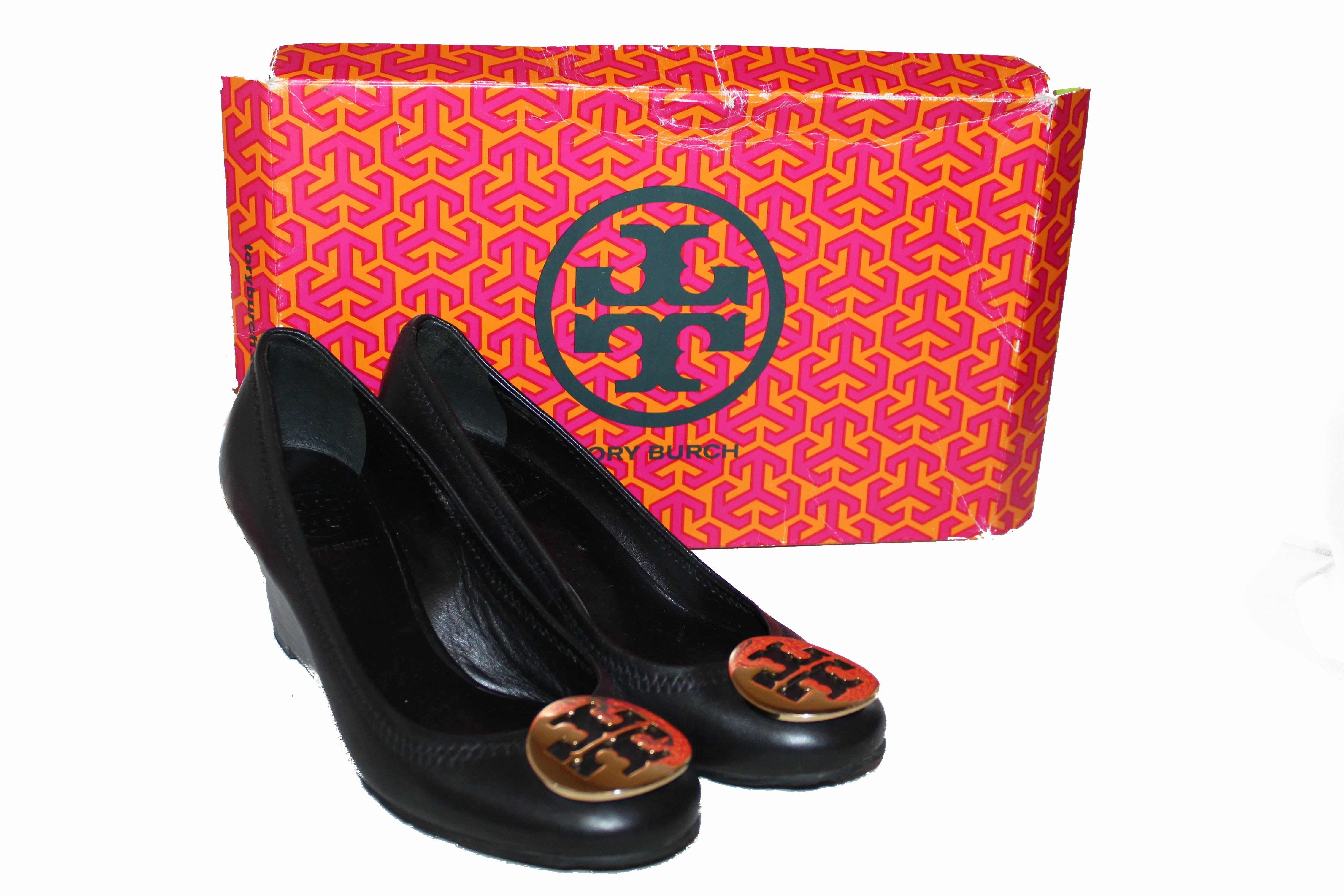 Authentic Tory Burch Black Leather Sally Wedge Sandals Size 6 | Comfortable Heels for Women | Perfect for Office, Date Night & Summer Outfits