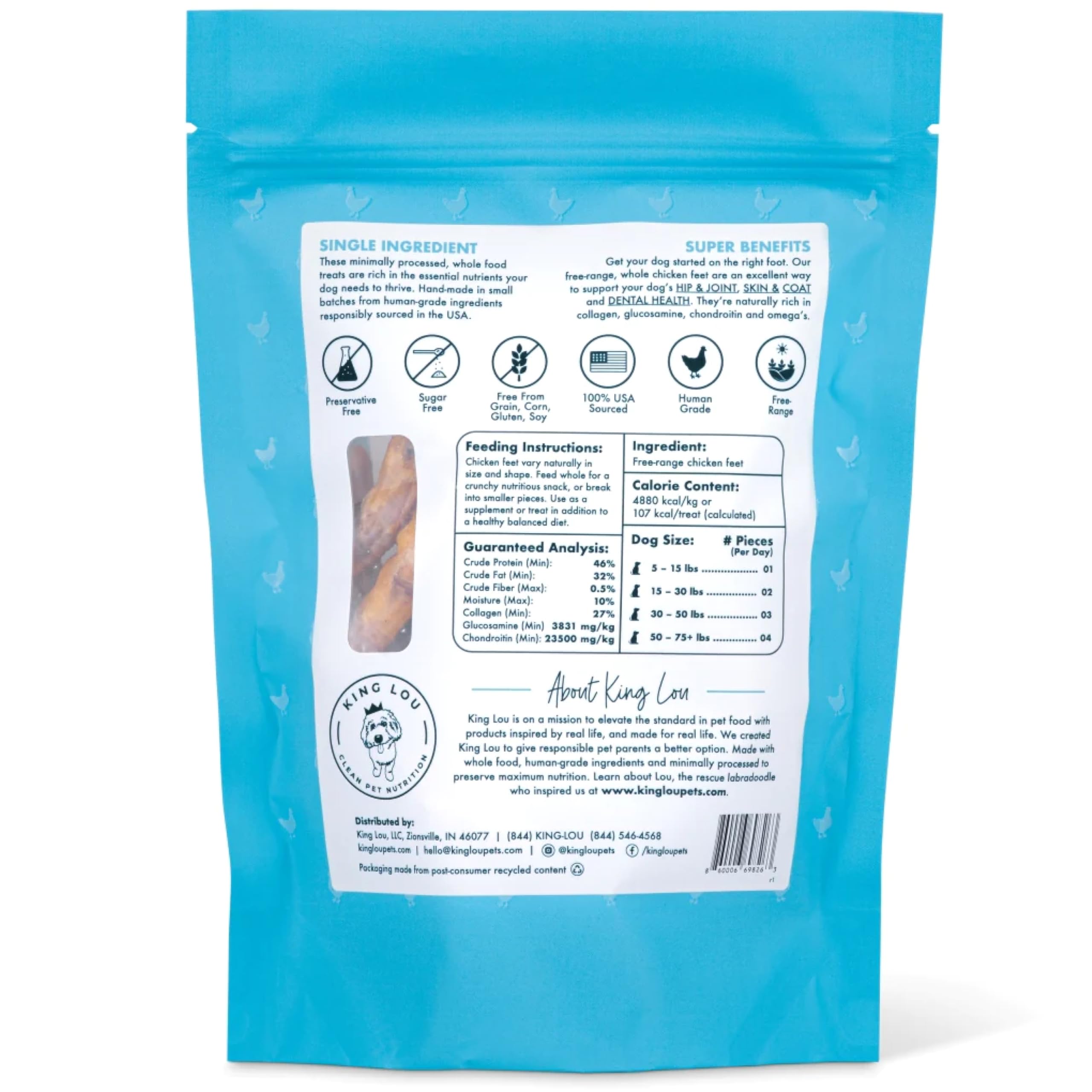 King Lou Pets - Dehydrated Chicken Feet Dog Treats for Dental Health - USA-Made Natural Chews with Collagen, Glucosamine & Chondroitin for Hip & Joint Support - 10 Count - Perfect for Training, Rewards & Long-Lasting Chewing Fun