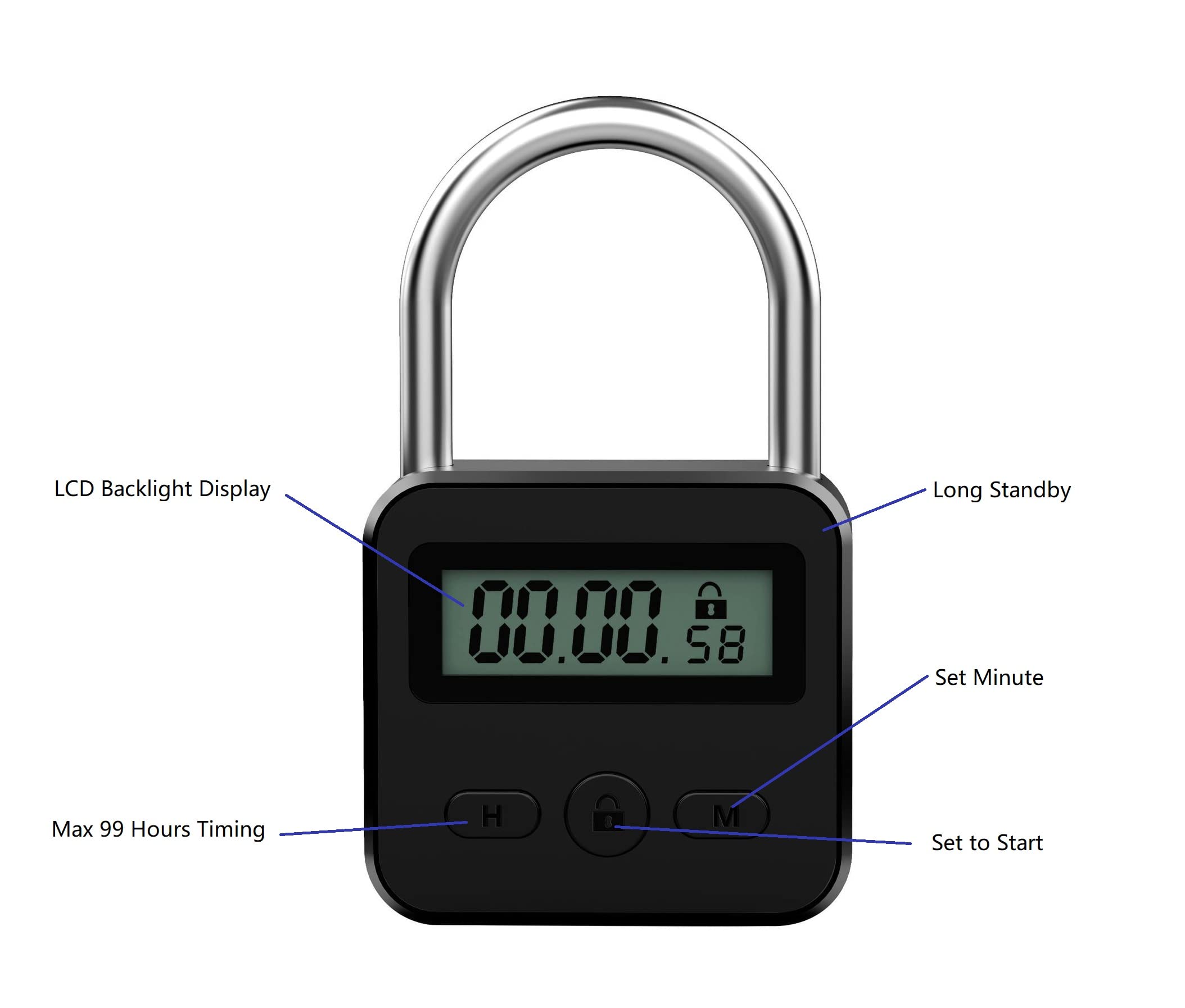 Electronic Time Padlock with LCD Display - USB Rechargeable Metal Timer Lock (Black) - Perfect for Gym Lockers, School Lockers, and Travel Security
