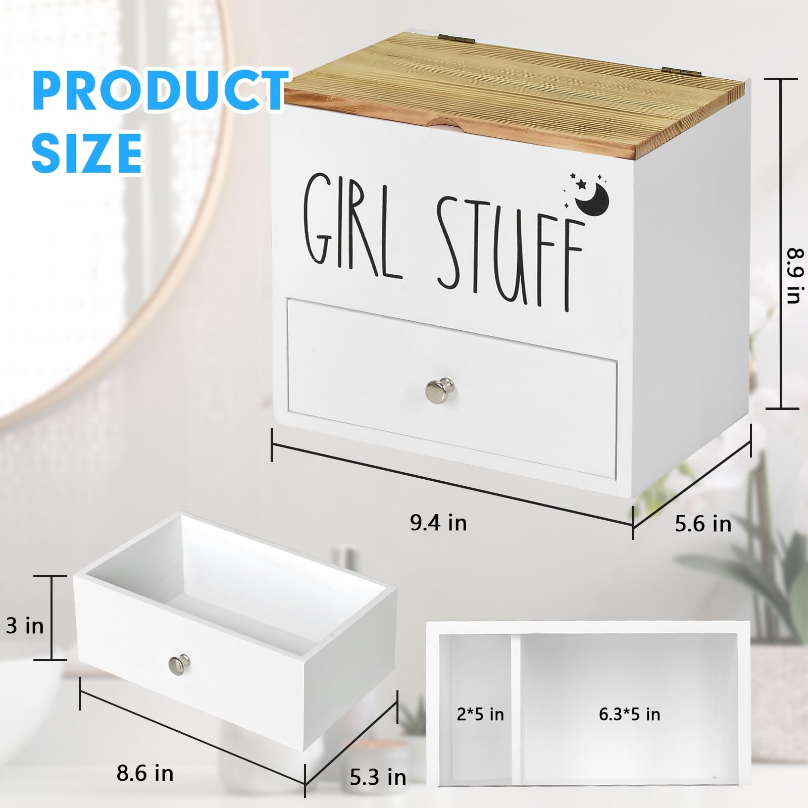Wooden Feminine Product Organizer with Drawer & Lid - Tampon & Pad Storage Box, Cotton Ball/Swab Holder - Bathroom Decor & Organization for Women's Hygiene Essentials - Perfect for Vanity, Countertop or Shower Storage