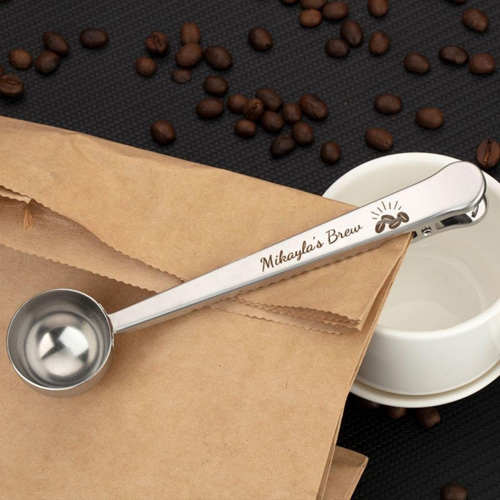 Custom Engraved Coffee Scoop with Clip - Personalized Coffee Measuring Spoon for Kitchen & Travel - Perfect for Home Baristas, Camping & Gifts