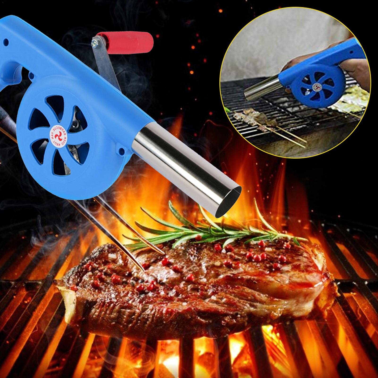 Hand Crank BBQ Fan - Portable Outdoor Cooking Air Blower with Manual Speed Control & Durable Metal Fan Blade - Perfect for Camping, Hiking, Picnics & Backyard Barbecues