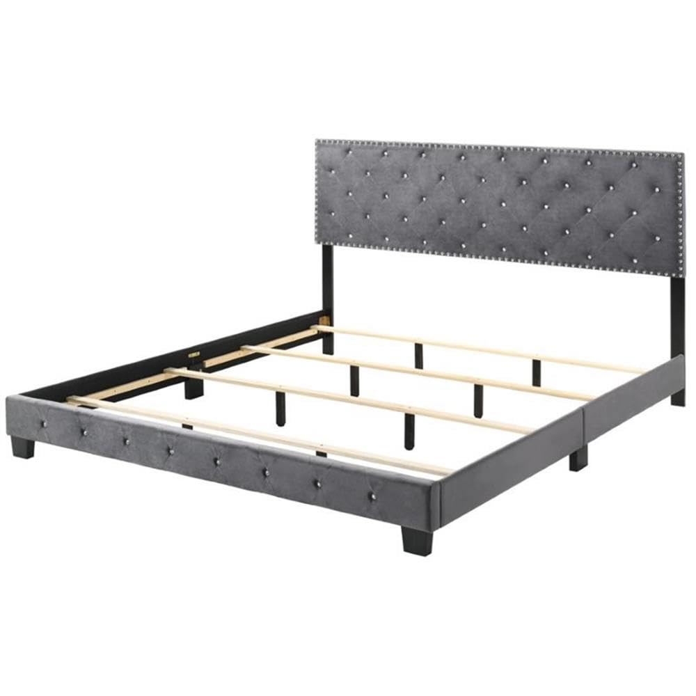 Glory Furniture Suffolk Velvet Upholstered King Bed Frame in Gray - Luxurious Bedroom Furniture for Master Suite & Guest Room