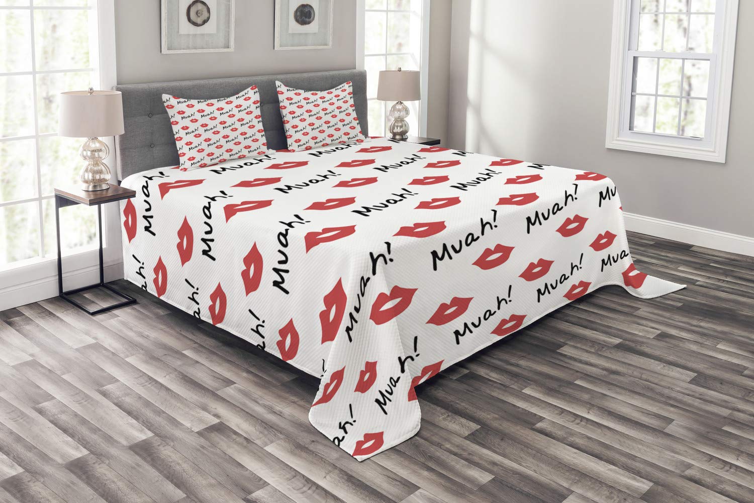 Ambesonne Romantic Red Lips Kiss Marks Bedspread Set - 3 Piece King Size Bedding with 2 Pillow Shams, Feminine Valentine's Day Decor | Perfect for Master Bedroom, Guest Room & Romantic Getaways