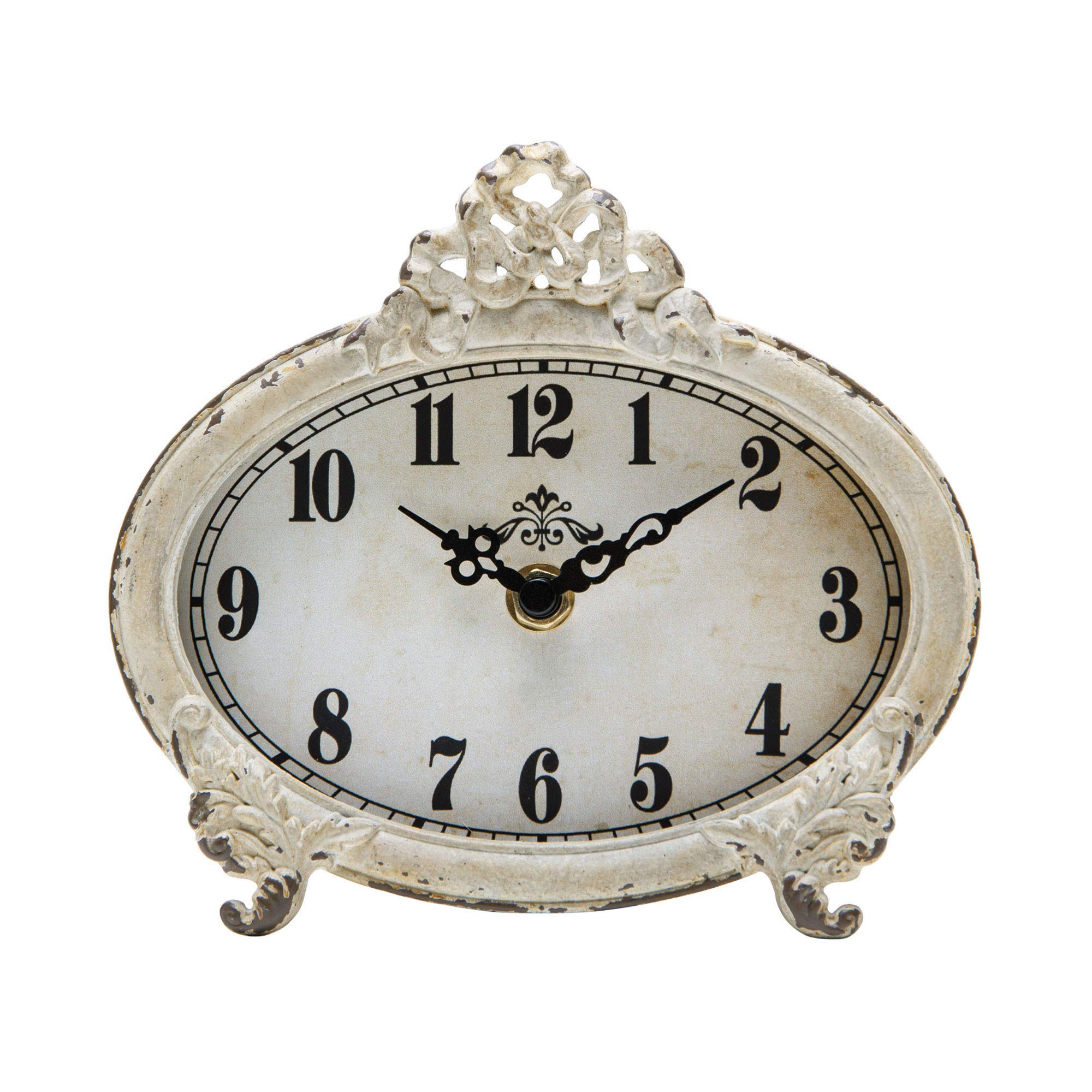 Vintage Table Clock with Rustic Design - Battery Operated Distressed White Wall Clock for Home Décor - Perfect for Fireplace Mantel, Bookshelf, Office Desk, Bedside Table & Kitchen Countertop