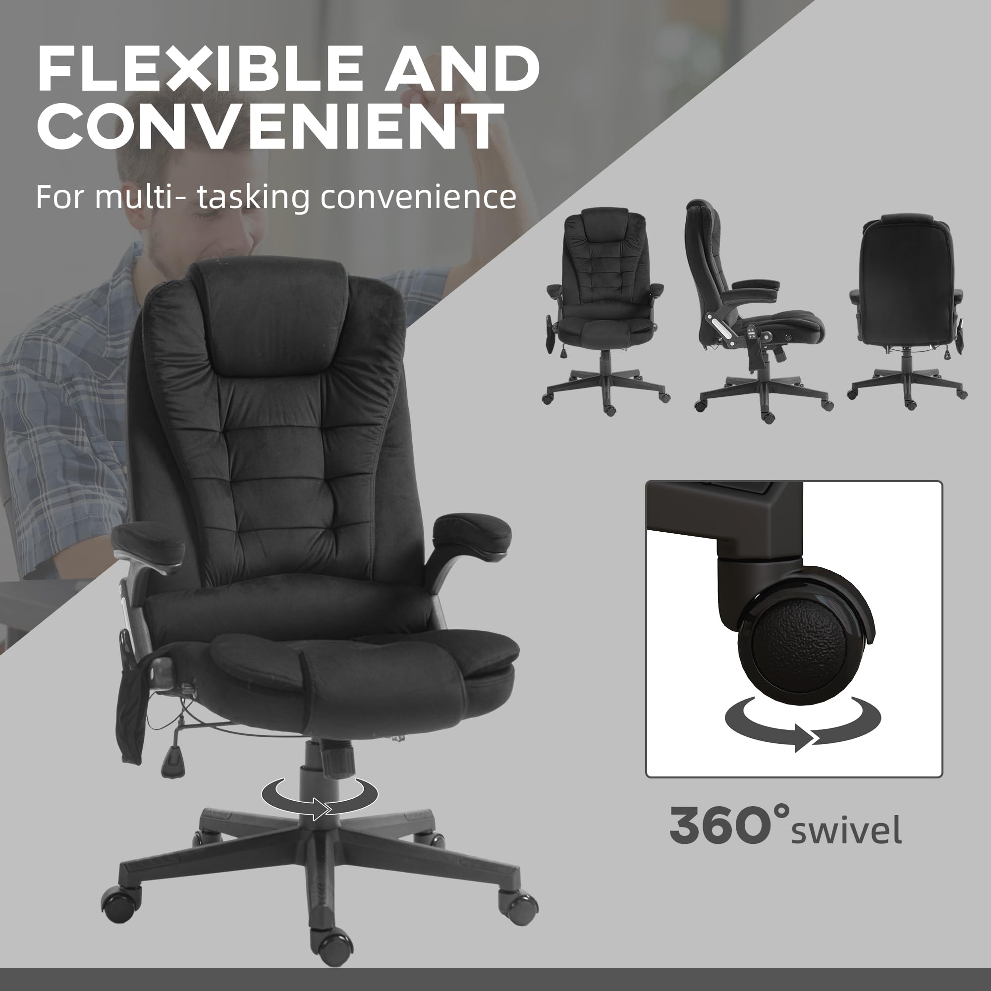 HOMCOM 6-Point Vibrating Massage Office Chair with Heating - High Back Executive Chair with Reclining Function, Padded Armrests & Remote Control - Velvet Upholstered Ergonomic Desk Chair for Home Office, Gaming & Relaxation - Black