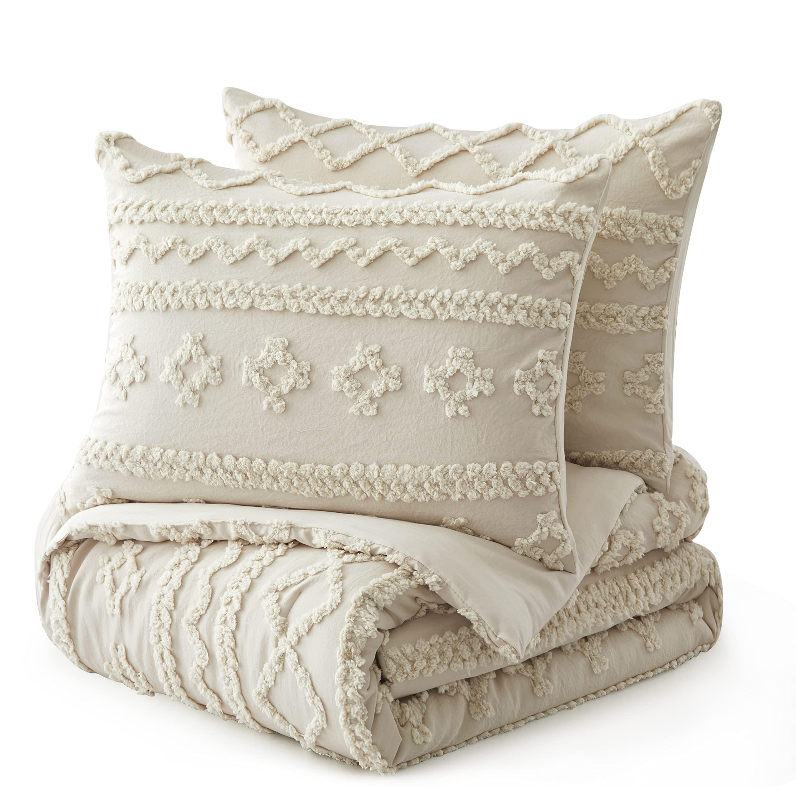 Oli Anderson Beige Queen Comforter Set - 3 Piece Tufted Boho Shabby Chic Bedding with 2 Pillowcases | Soft & Cozy for Master Bedroom, Guest Room & Dorm Decor (Beige, Queen Size)