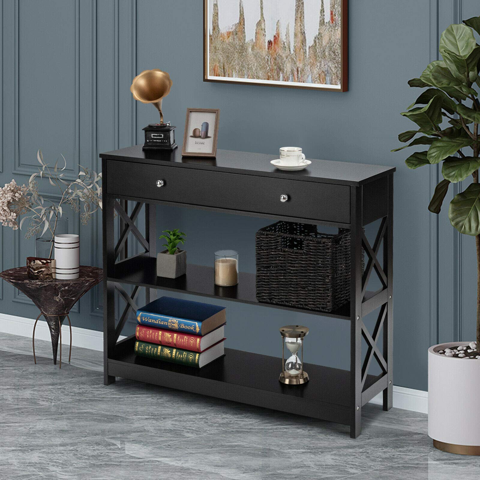 Modern Style Console Table with Storage Drawers & Shelves - Sturdy Durable Sofa Accent Desk for Living Room, Hallway, Entryway - Perfect for Home Decor & Organization (Black)