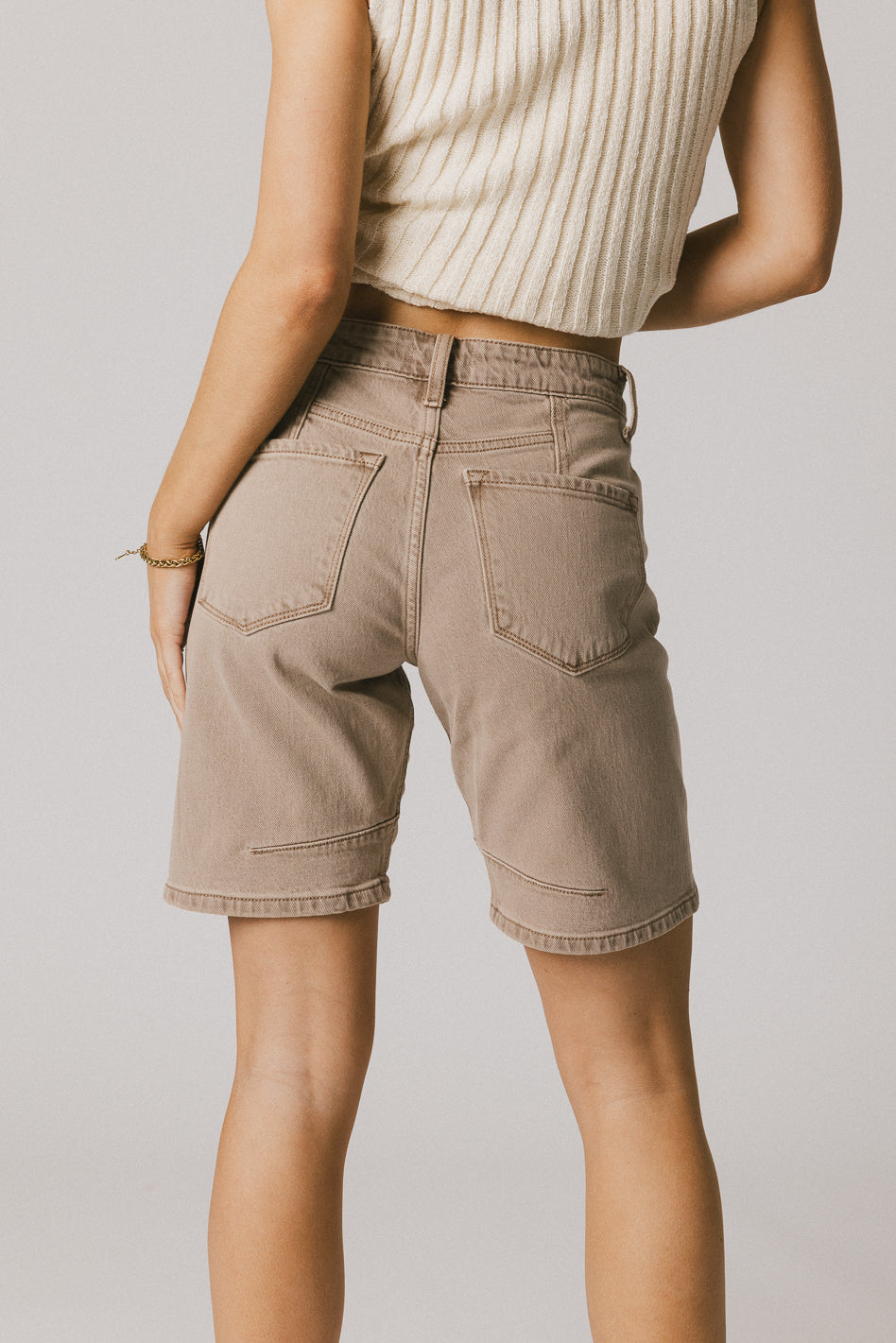 Layla Women's High Waisted Denim Shorts in Mushroom Wash | Distressed Ripped Jeans Shorts for Summer | Casual Outfit, Beach, Music Festival