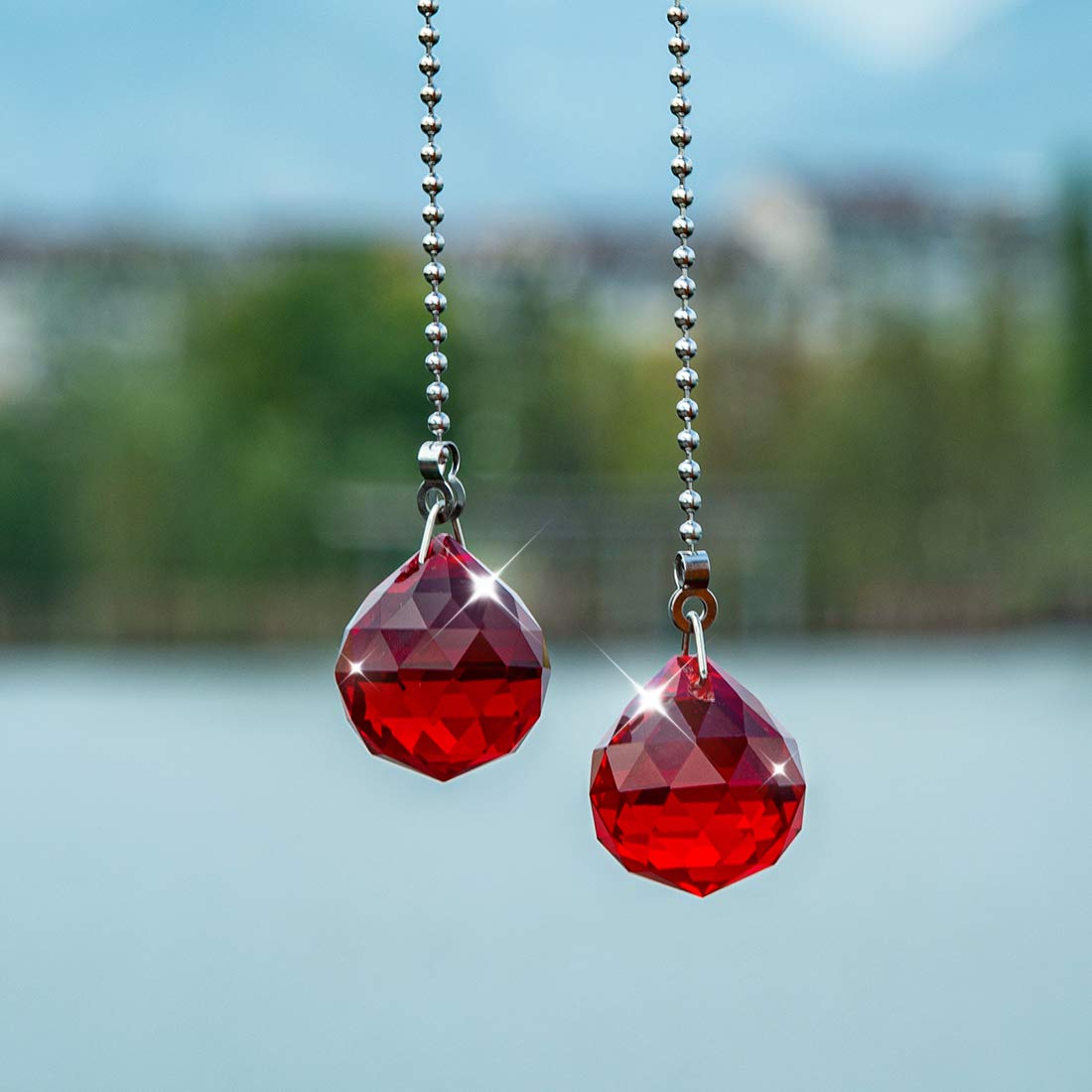 2-Pack 30mm Prism Ball Ceiling Fan Pull Chain with Decorative Light Bulb & Cord - Red | Replacement Pull Chain for Ceiling Fans | Perfect for Bedroom, Living Room & Home Decor