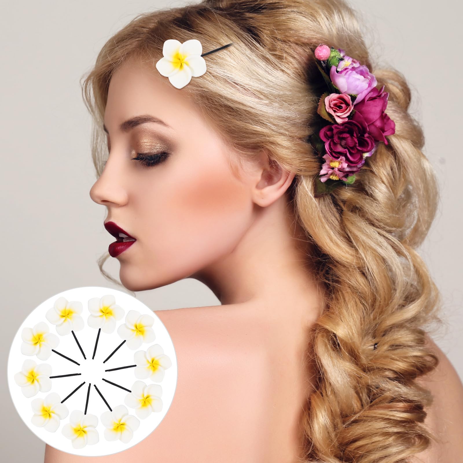 KALLORY 10PCS Plumeria Flower Hair Clips - Tropical Foam Hairpins for Women, Bridal Barrettes, Beach Wedding Accessories - Perfect for Hawaiian Theme Parties, Summer Vacations & Boho Fashion