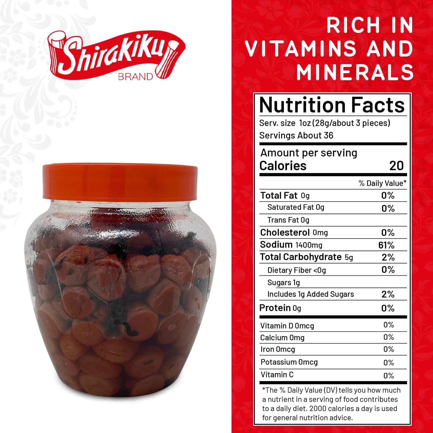 Shirakiku Salted Plums Shiso Ume PET Jar - Authentic Japanese Umeboshi Plums for Cooking, Salads & Snacks - 2.2lbs Seasoned Perilla Pickled Plums with High Fructose Syrup - Perfect for Vinaigrettes, Noodles, Rice Balls & Bento Box Lunch
