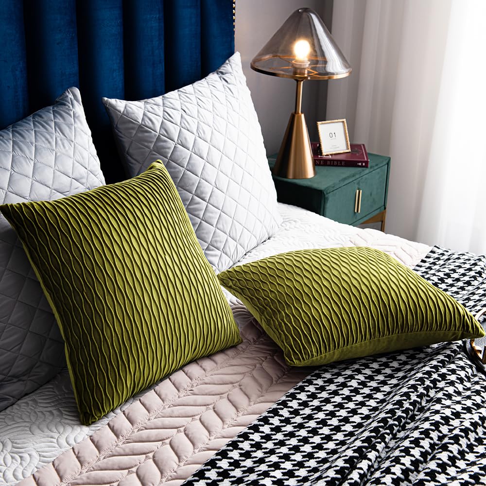 DEZENE 20x20 Inch Moss Green Velvet Throw Pillow Covers - 2 Pack Soft Striped Square Decorative Cushion Cases for Farmhouse Sofa, Couch, Bedroom & Living Room Decor