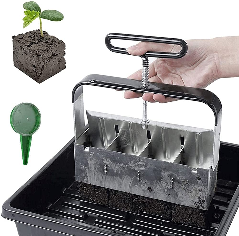 Haieshop Manual Soil Block Maker Tool - Handheld 4-Clod Soil Blocker with Comfort-Grip Handle for Seedlings, Greenhouses & Backyard Gardening | Perfect for Starting Seeds, Transplanting & Organic Farming