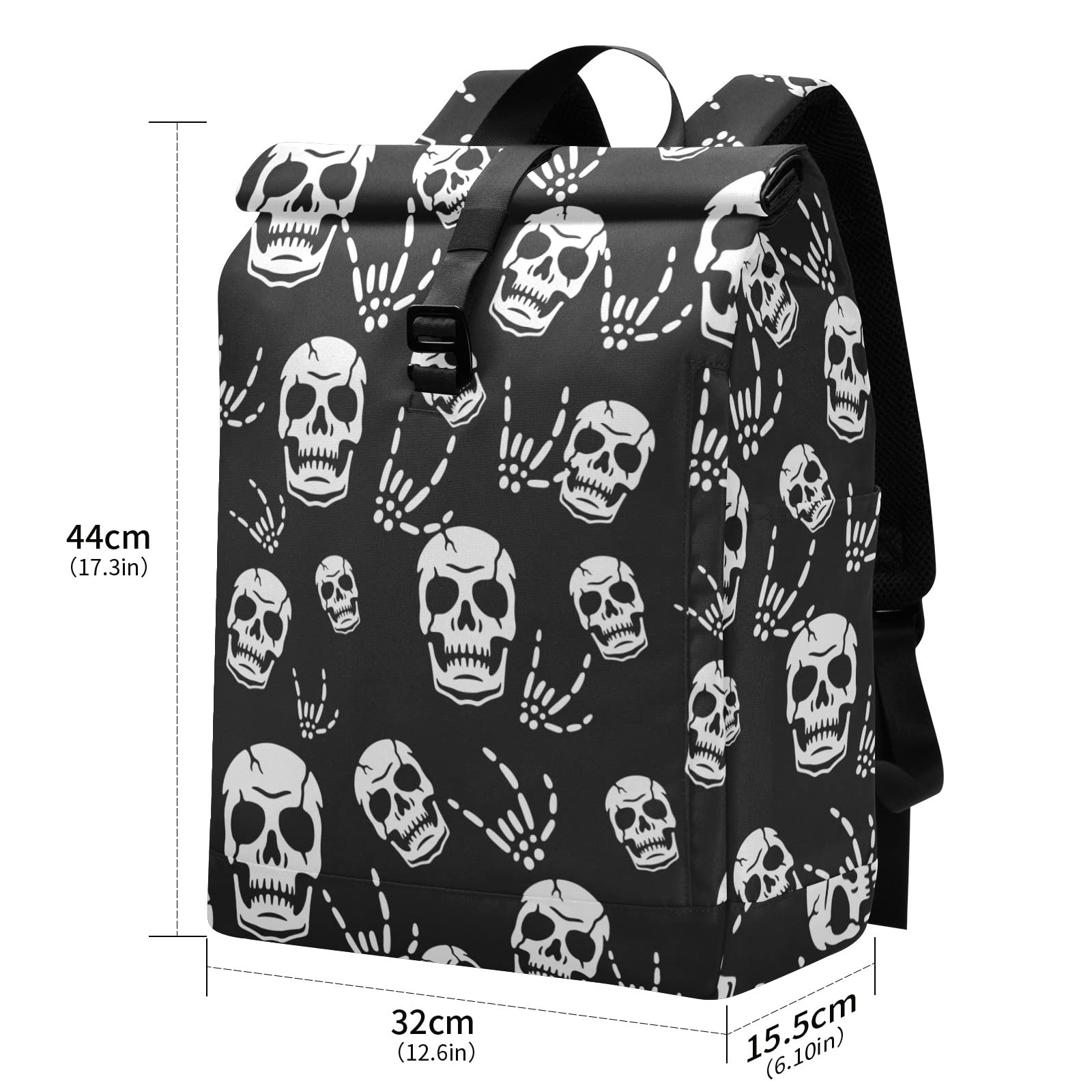 Gothic Skeleton Roll Top Backpack for Men - Expandable Waterproof Laptop Backpack with USB Charging Port - Perfect for Travel, Work, College & Daily Commute