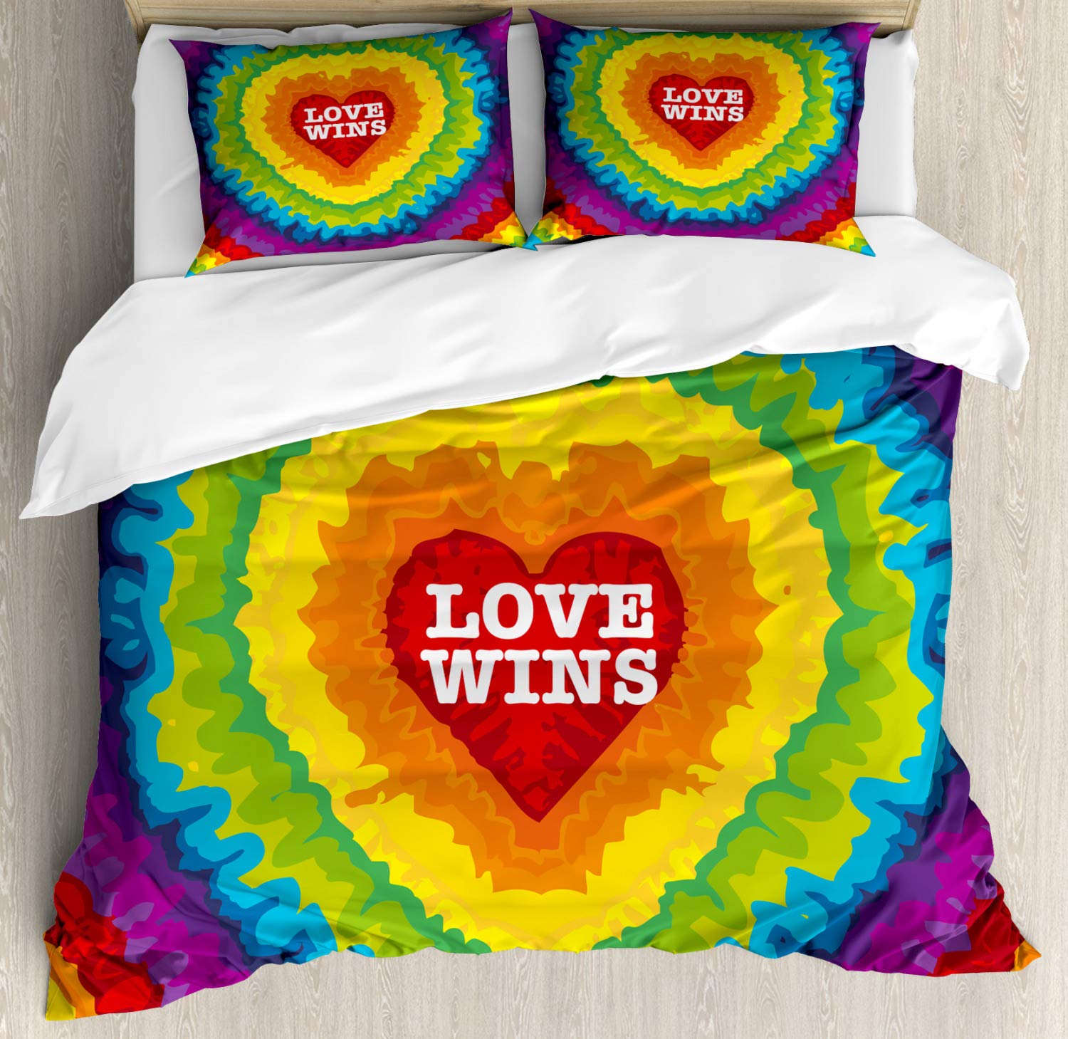 Ambesonne Pride Duvet Cover Set - King Size 2-Pack with Rainbow Tie-Dye Digital Print, Love Wins Celebration Design - Includes 2 Duvet Covers & 4 Pillowcases in Vibrant Red & Yellow - Perfect for LGBTQ+ Pride Events, Bedroom Decor, and Colorful Home Styling