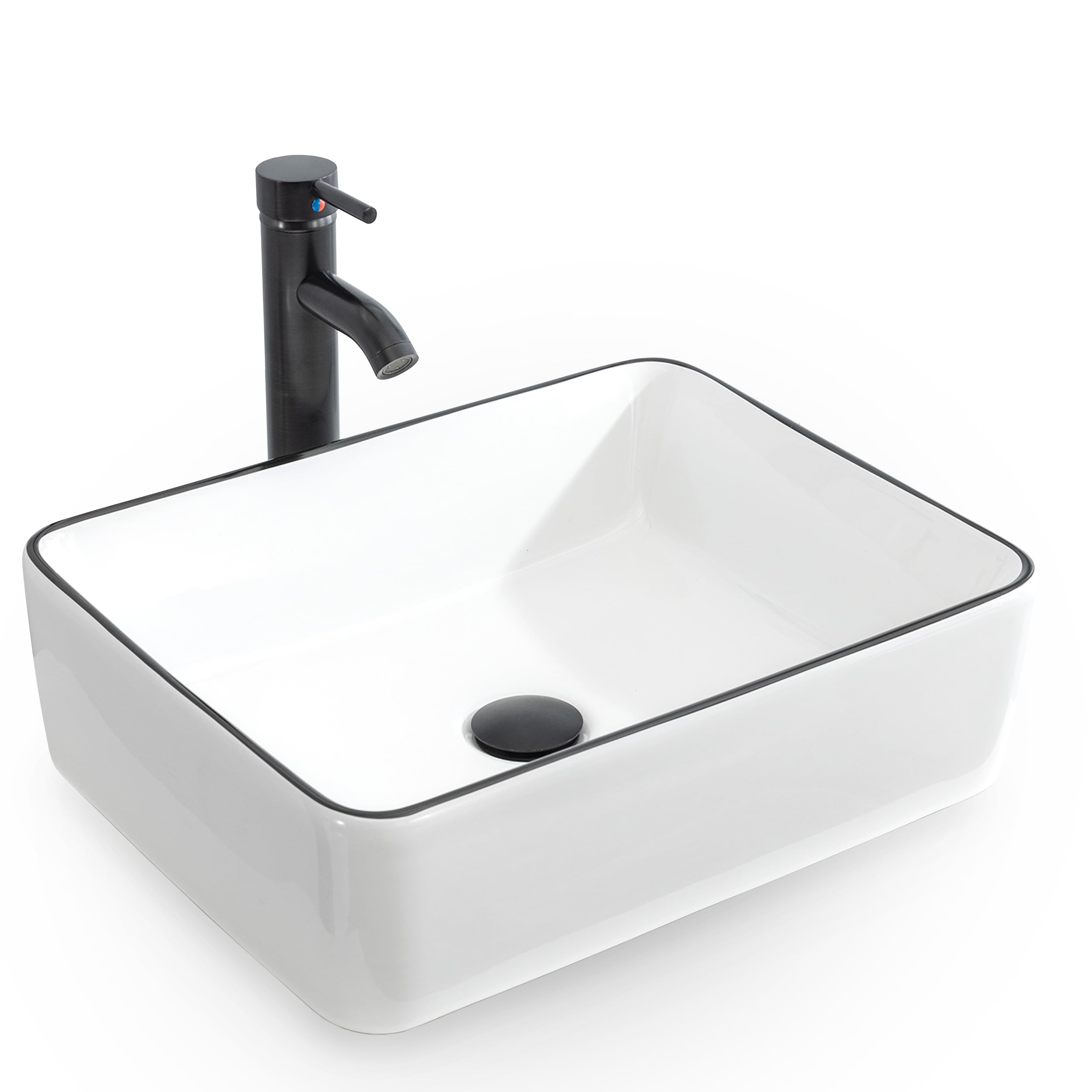 Eclife Classic White Ceramic Vessel Sink with Black Decor Line - Porcelain Bathroom Sink & Faucet Combo for Vanity Countertop, Includes ORB Pop-Up Drain (T03BK) - Perfect for Modern Bathroom Renovations and Powder Room Upgrades