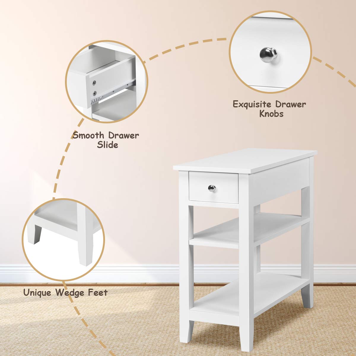 Giantex Narrow End Table Set of 2, Small Side Table with Drawer and Shelf, Wood Accent Sofa Table, Skinny Nightstand for Small Space - Perfect for Living Room, Bedroom, Dorm & Apartment (White)