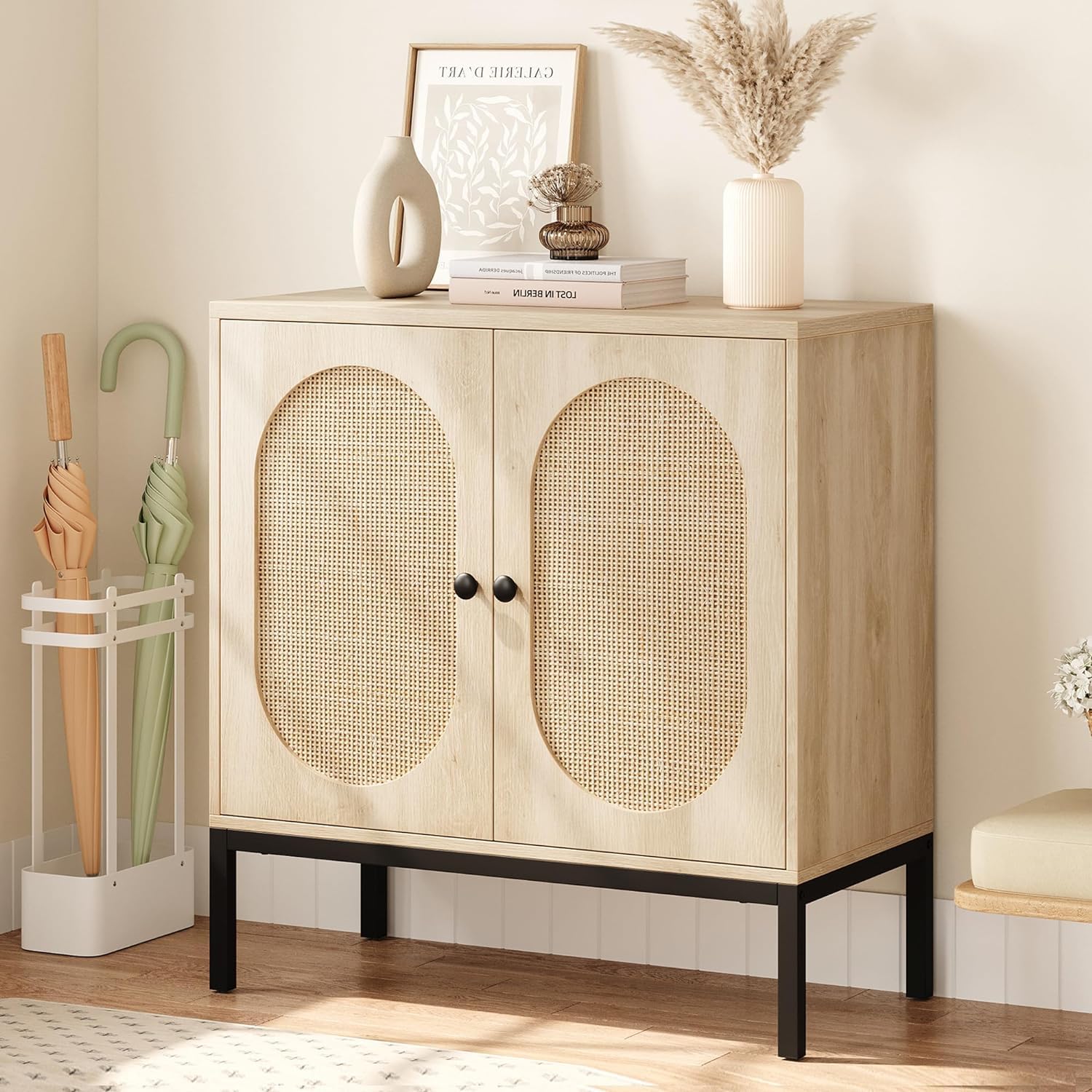 Rattan Sideboard Buffet Cabinet with Door and Shelf - Wooden Storage Console Cabinet for Hallway, Entryway & Living Room - Perfect for Home Decor, Dining Room Storage & Organizing Essentials (Natural)