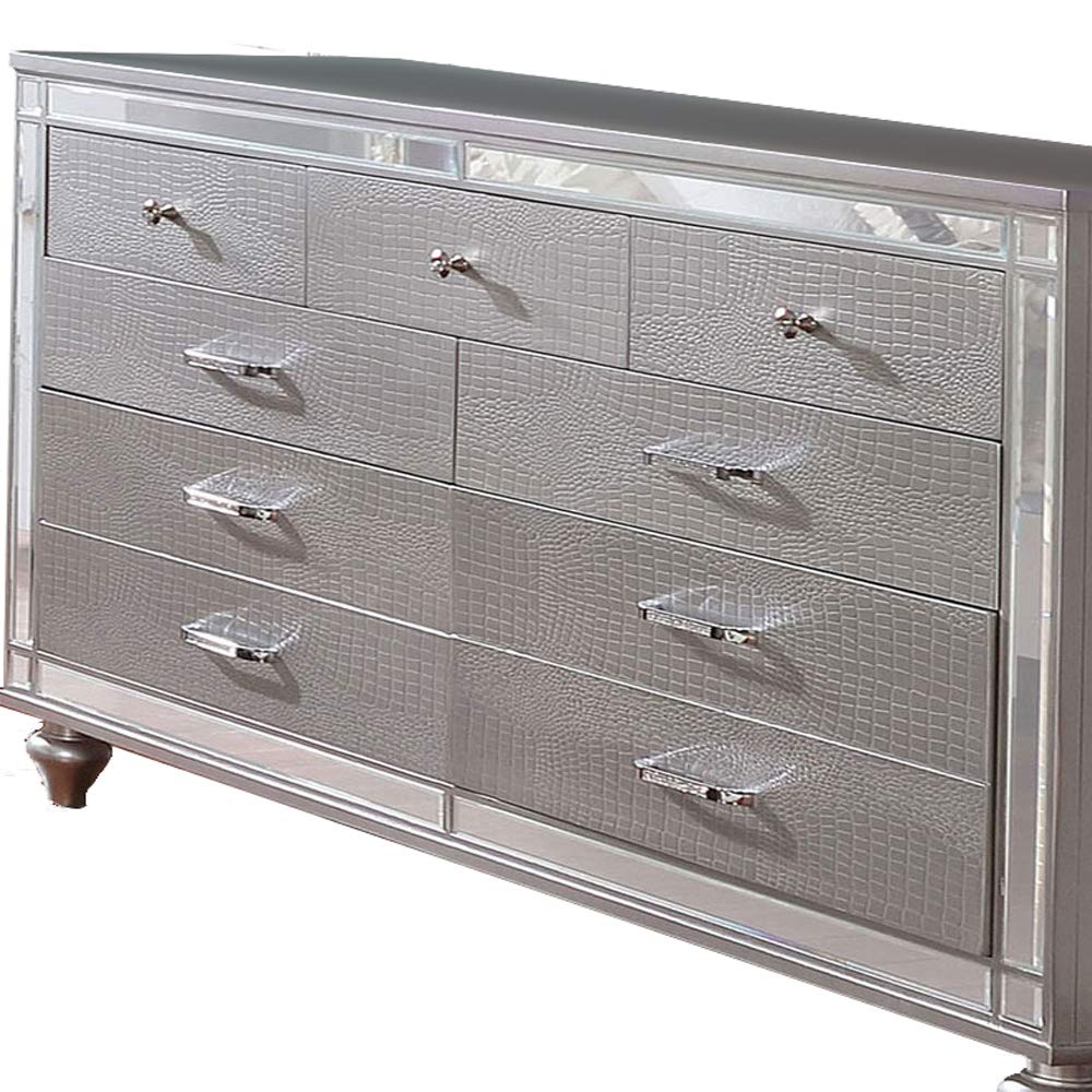 Benjara Silver Contemporary 9-Drawer Wooden Dresser with Turned Legs - Modern Bedroom Storage for Clothes, Jewelry & Accessories
