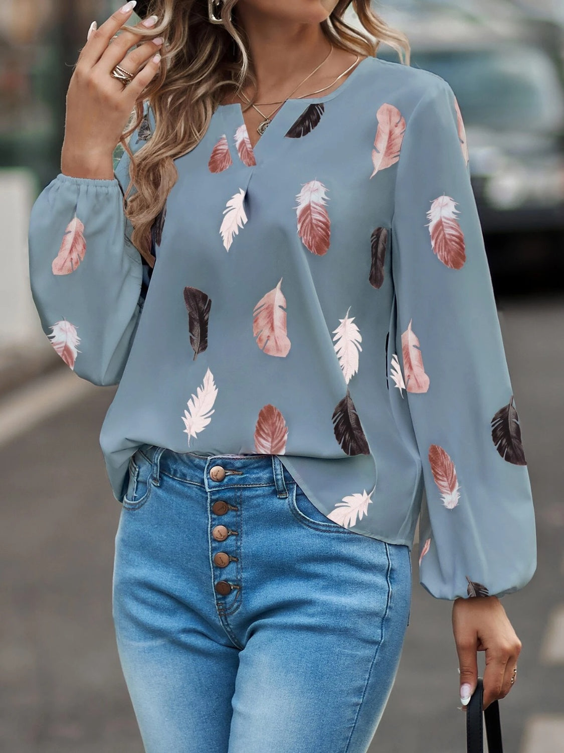 Stylish Feather Print Notched Balloon Sleeve Blouse for Women | Trendy Floral Design Casual & Party Tops | Perfect for Date Night, Office Wear & Summer Outfits