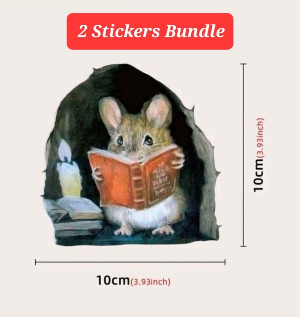 2 Pack 3D Wall Stickers - Funny Mouse Reading Book Decals for Kids Room & Office Decor by Lumiere Tech | Perfect for Nursery, Study Room & Workspace