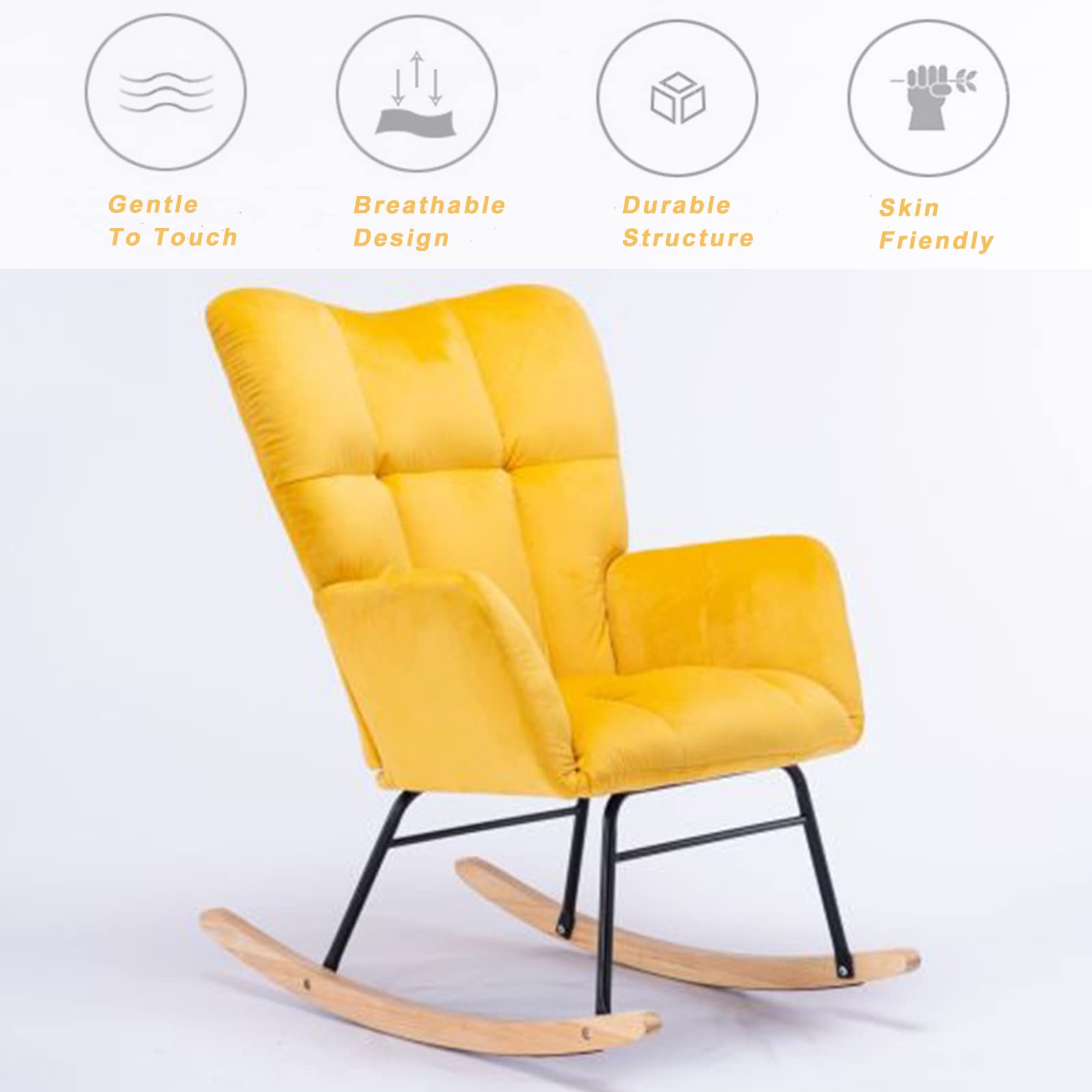 KINFFICT Velvet Upholstered Nursery Rocking Chair - Mid Century Modern Glider Rocker with High Backrest, Comfortable Accent Armchair for Living Room, Bedroom & Office | Perfect for Nursing, Reading & Relaxing