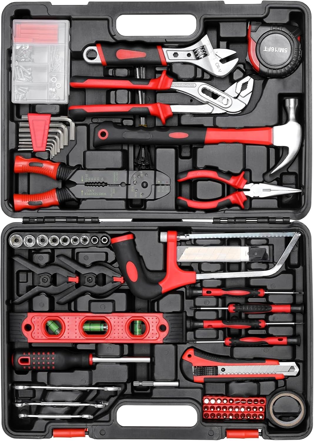 TLGREEN 218-Piece Professional Tool Kit with Adjustable Wrench, Drive Socket & Saw - Complete Mechanics Tool Set in Portable Plastic Toolbox (Red) - Perfect for Home, Apartment & Garage Repairs