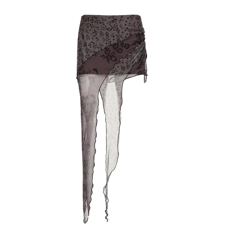 Vintage Asymmetrical Ruched Bodycon Mesh Skirt for Women - Sexy Printed Mini Skirt with Fringe & Drawstring - Perfect for Night Out, Party, Club Wear and Date Night Outfits