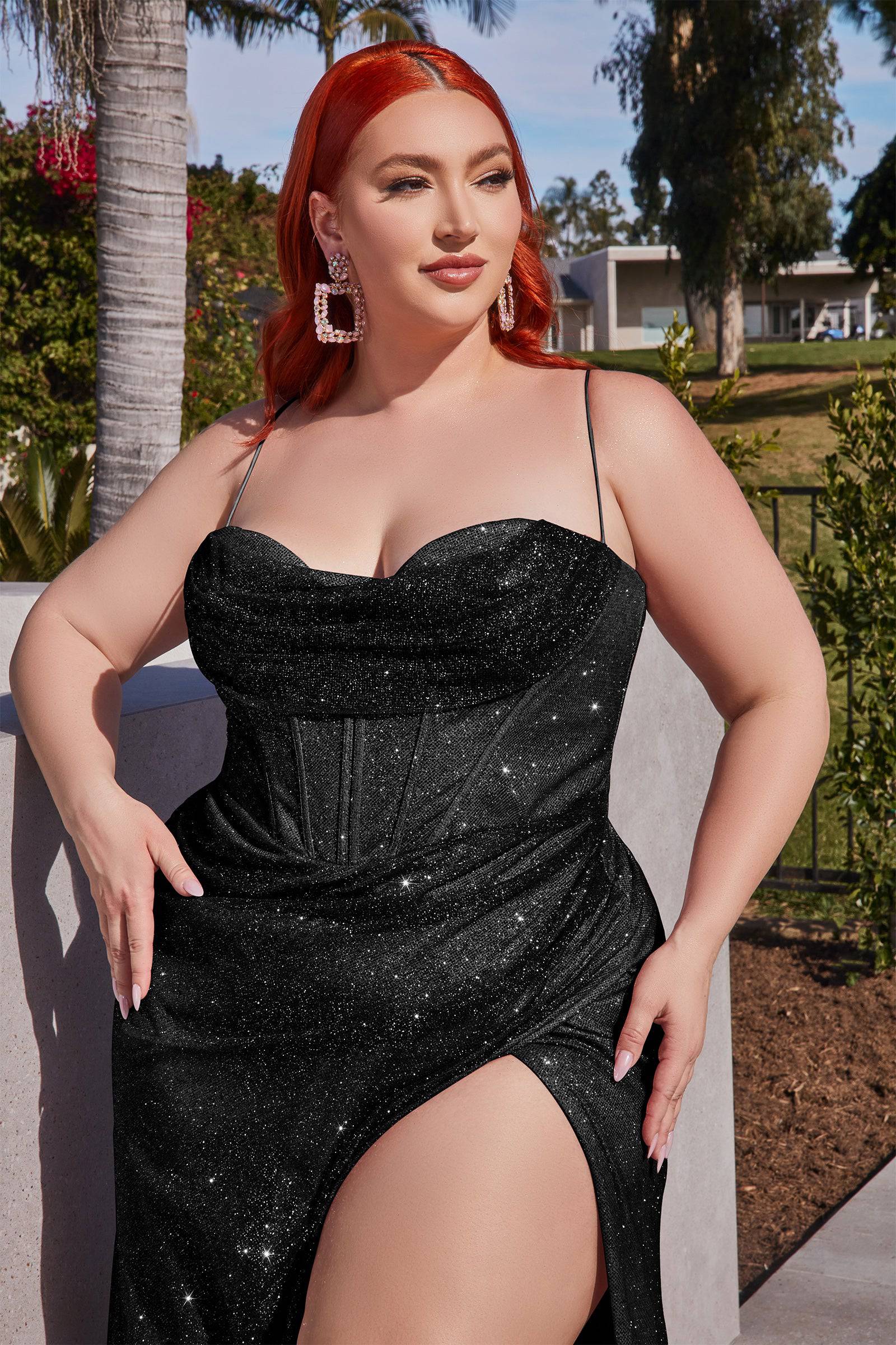 Sparkly Corset Prom Dress with High Leg Slit - Plus Size 18-24 | Cinderella Divine CD254 | Elegant Evening Gown for Homecoming, Ball & Special Occasions