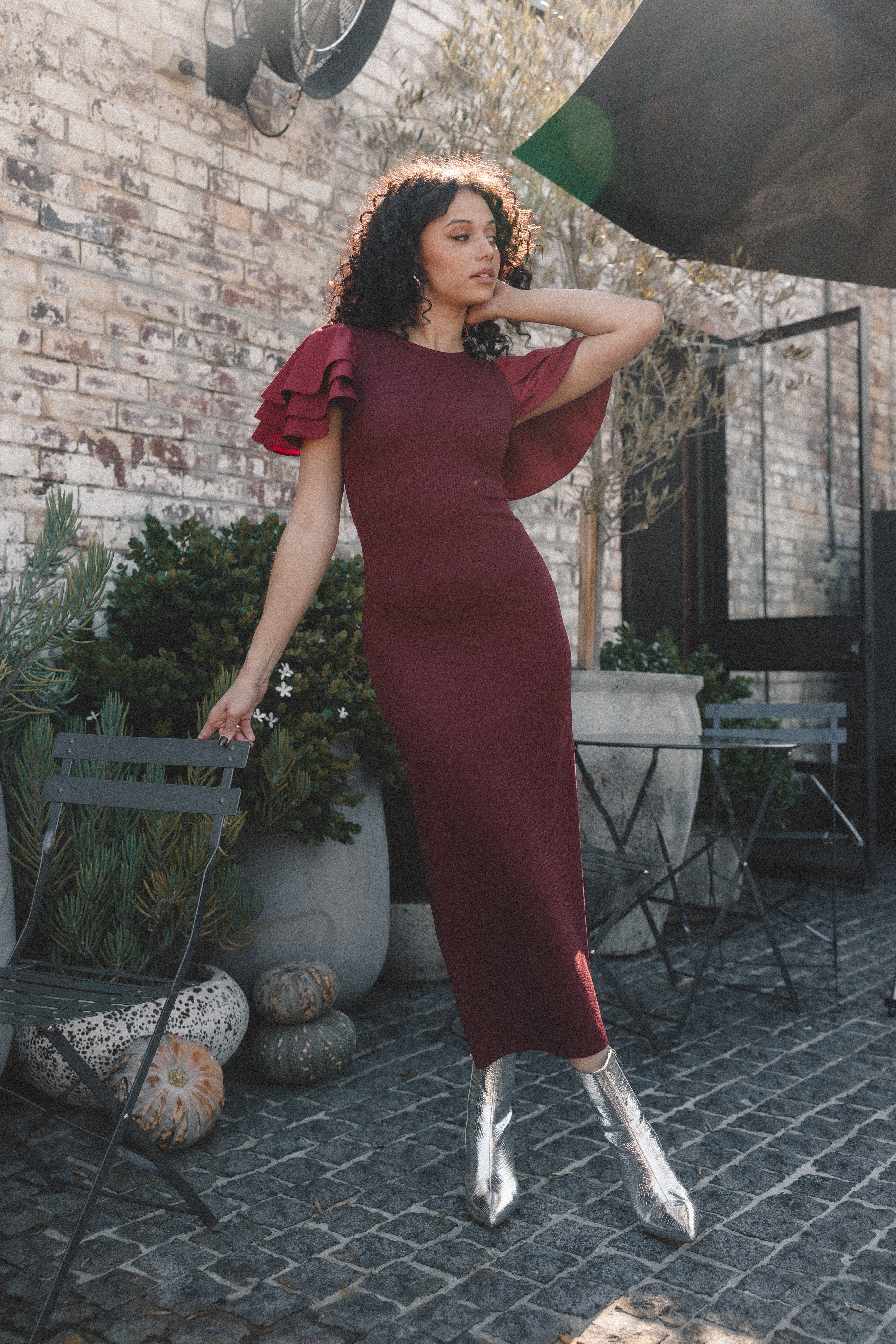 Cally Ruffle Sleeve Midi Dress for Women - Elegant Wine Red Flowy Summer Dress with Ruffle Details | Perfect for Cocktail Parties, Weddings & Date Nights