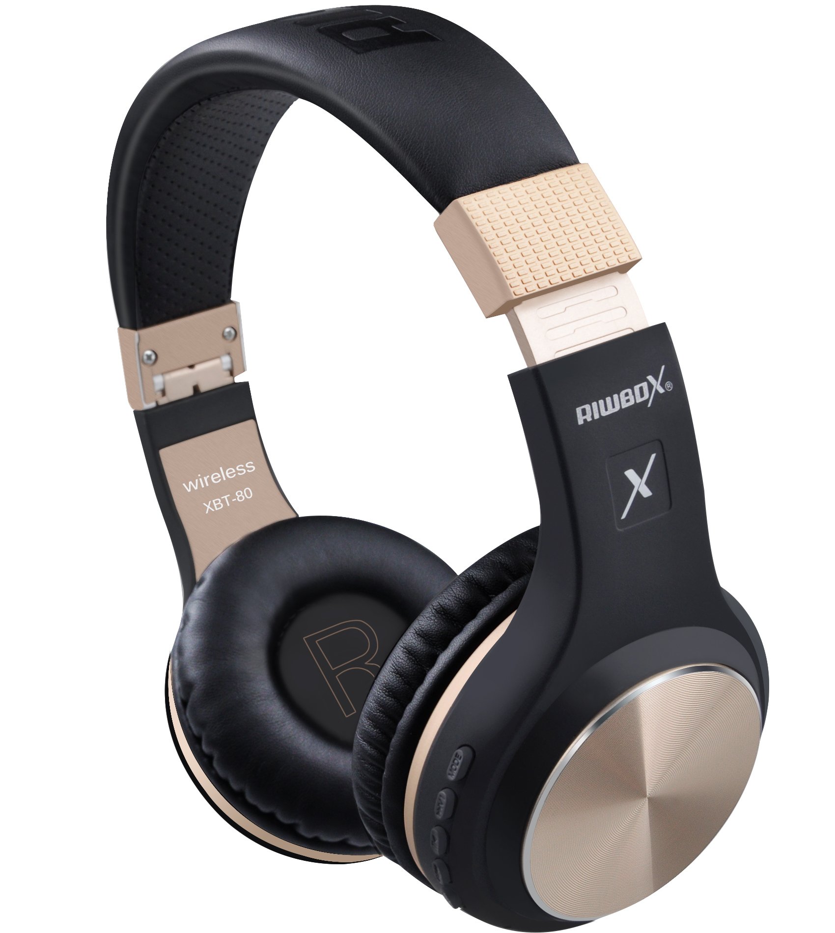 Riwbox XBT-80 Wireless Bluetooth Headphones Over Ear with Microphone, Foldable Stereo Headset with Volume Control for PC/Phone/TV/iPad - Black Gold - Perfect for Gaming, Travel & Home Entertainment
