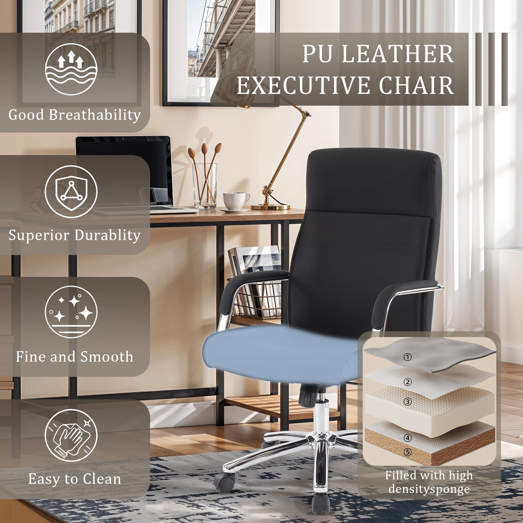 Ergonomic High Back Executive Office Chair with Adjustable Height, Lumbar Support & Rocking Function - Faux Leather Managerial Desk Chair for Home & Office (Black) - Perfect for Long Work Hours, Gaming & Conference Rooms