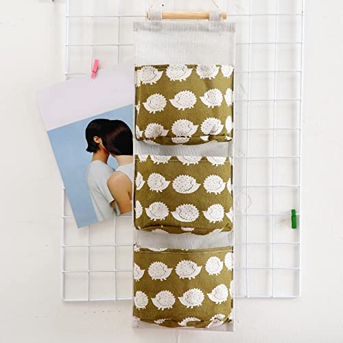 Stylish Wall Mounted Storage Organizer with 3 Pockets - Waterproof Linen Fabric Hanging Bag for Bedroom, Closet, Office & Wardrobe - Perfect for Organizing Accessories, Scarves & Small Items (Hedgehog Color)
