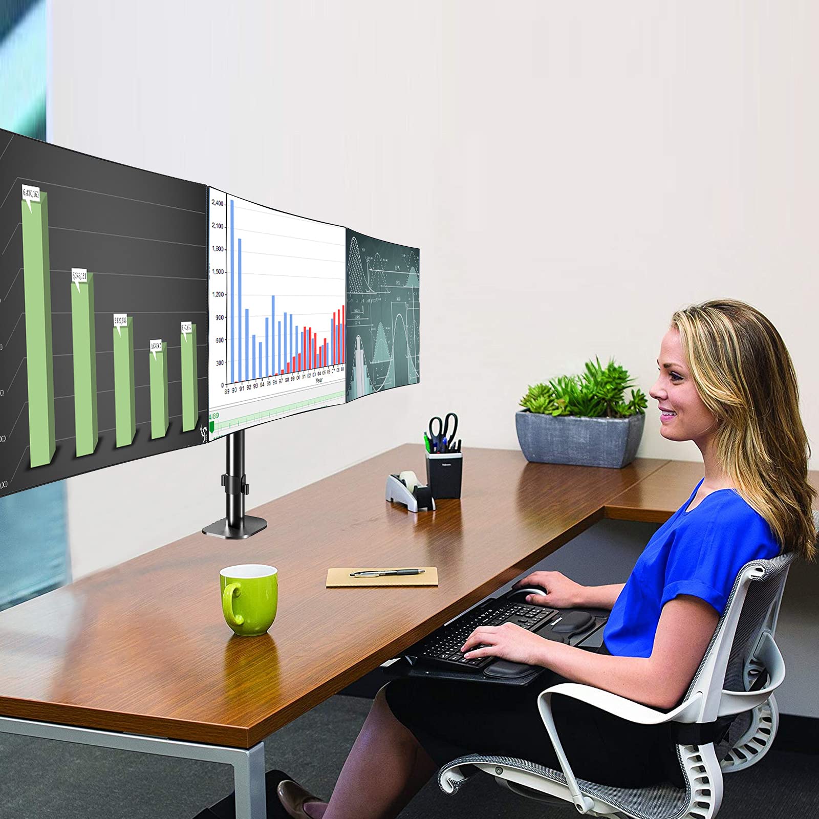 Pholiten Triple Monitor Stand with Gas Spring Arm - Heavy Duty 3 Monitor Mount for 17-32 Inch Screens (Up to 22lbs) - Perfect for Gaming, Office Work & Multi-Tasking Setup
