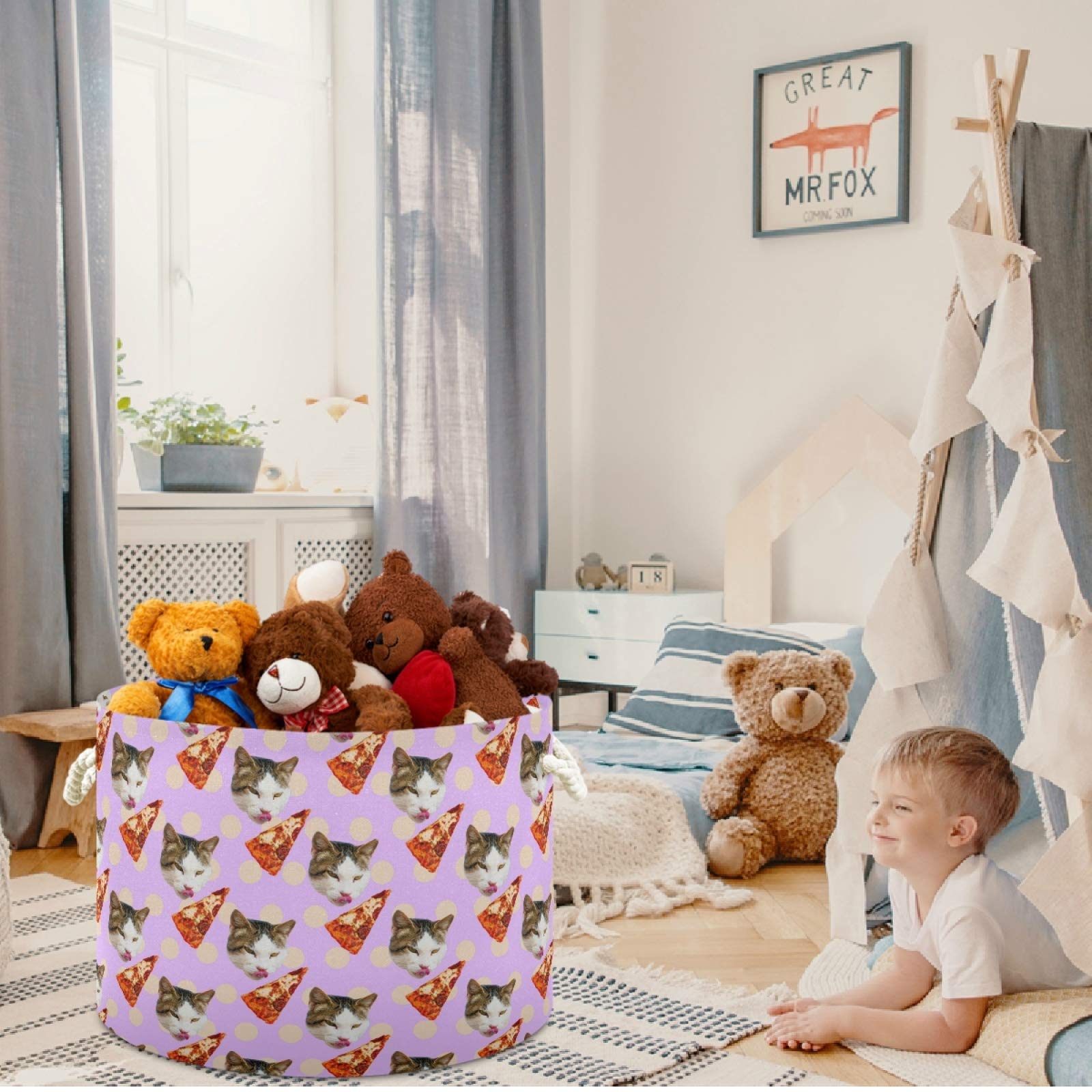 Visesunny Cat-Themed Pizza Storage Basket - Canvas Fabric Toy Organizer Bin for Kids Room, Playroom, Shelves - Perfect for Toy Storage, Laundry & Gift Baskets (Ideal for Birthday Gifts & Nursery Organization)