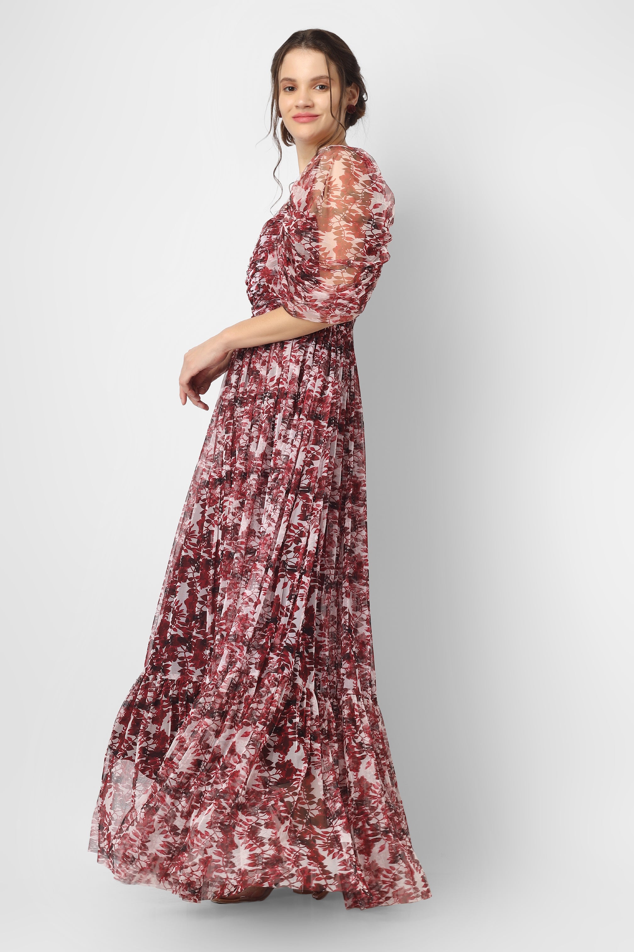 Alicia Maxi Dress in Burgundy Print - Elegant Flowy Long Dress for Women, Perfect for Weddings, Parties & Special Occasions