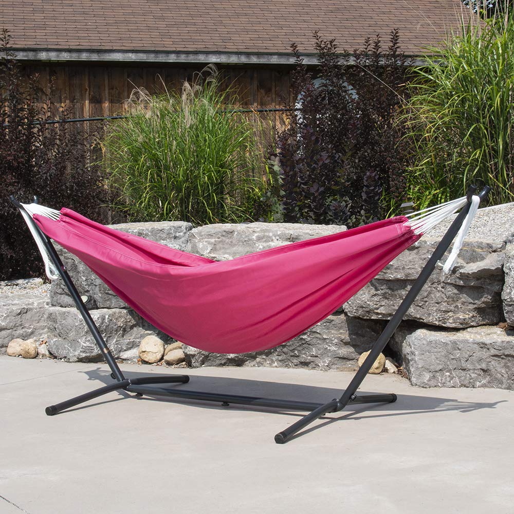 Vivere Double Hammock with Space-Saving Steel Stand & Carry Bag - 450 lb Weight Capacity, Hot Pink - Perfect for Backyard Relaxation, Camping & Beach Trips