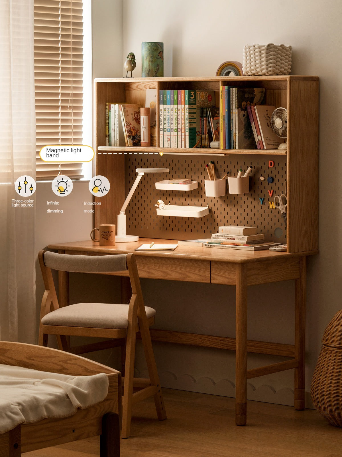 Solid Oak Wood Adjustable Height Kids Study Desk with Bookshelf - Perfect for Homework, Reading & Organizing in Bedroom or Playroom