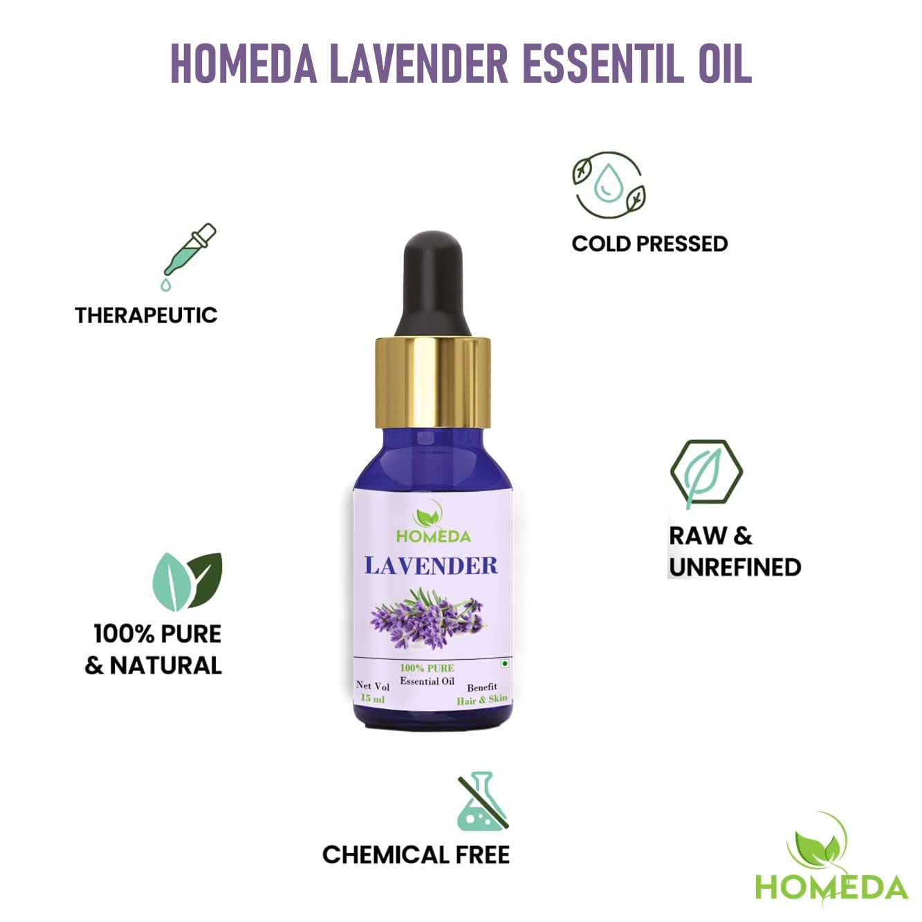 Homeda 100% Pure Lavender Essential Oil (15ml) for Hair Growth, Skin Care, Relaxation & Aromatherapy - Perfect for Diffusers, Massage, Bath, Soap Making & Sleep Aid | Natural Essential Oil for Face, Body & Home Use