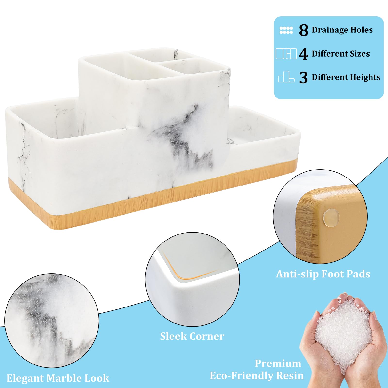 YMWVH White Resin Marble Toothbrush Holder - 5 Compartment Bathroom Organizer for Toothpaste, Razor & Essentials - Countertop Storage for Bathroom Accessories (Perfect for Small Spaces & Family Use)