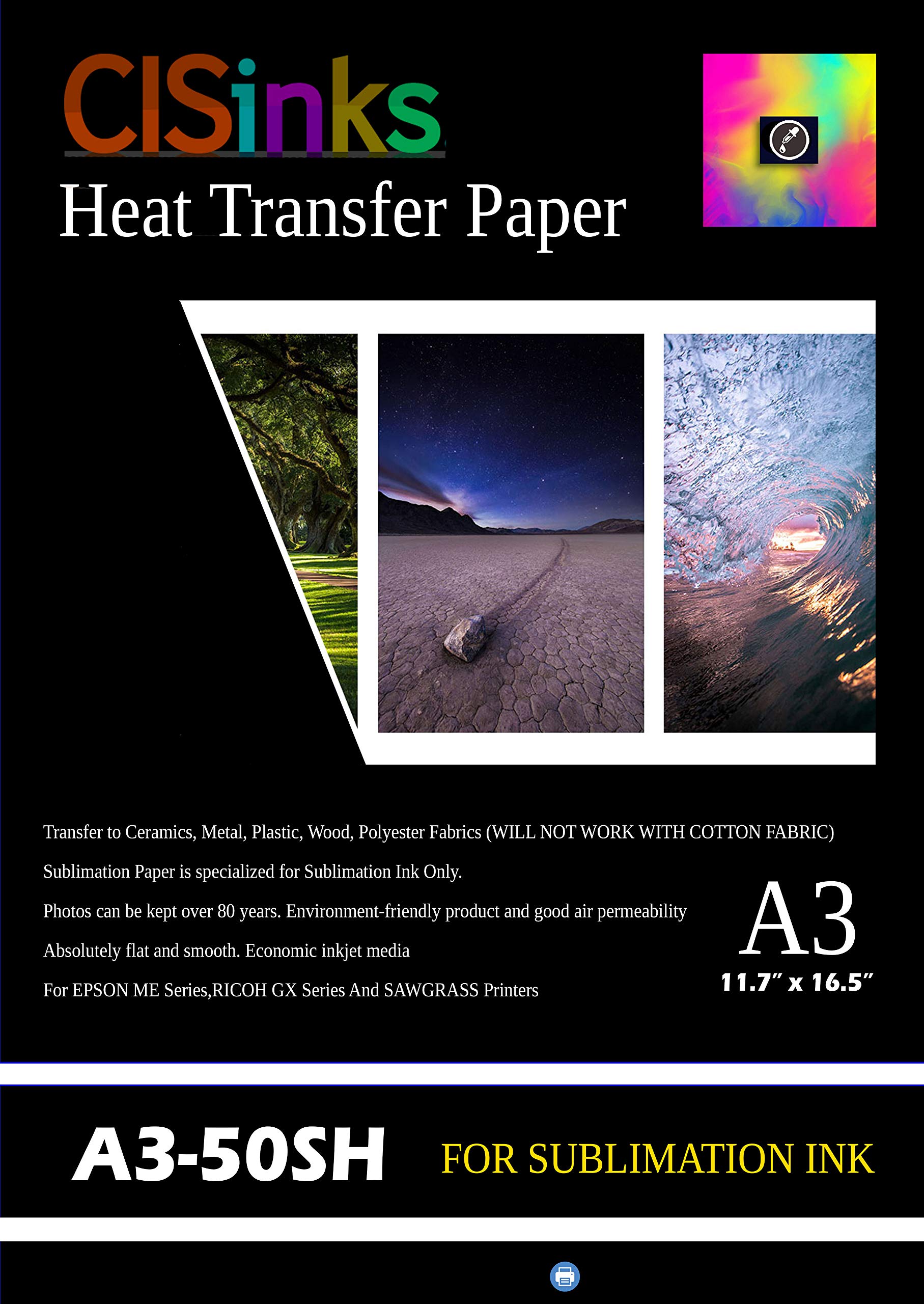 Premium CISinks® 50-Sheet A3 Sublimation Transfer Paper 12x16.5