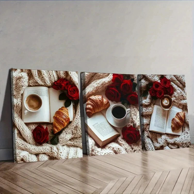 3-Piece Wall Art Set - Red Roses & Bread Canvas Framed 40x60cm | High Quality Print | 100% Australian Made | Ready to Hang | Perfect for Kitchen, Dining Room & Home Decor